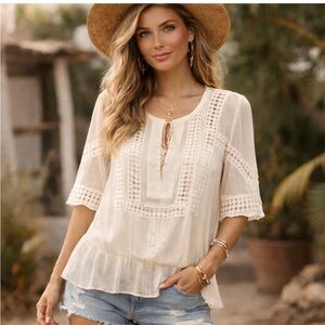 Daniel Rainn White Boho Tie-Front Peasant Blouse S